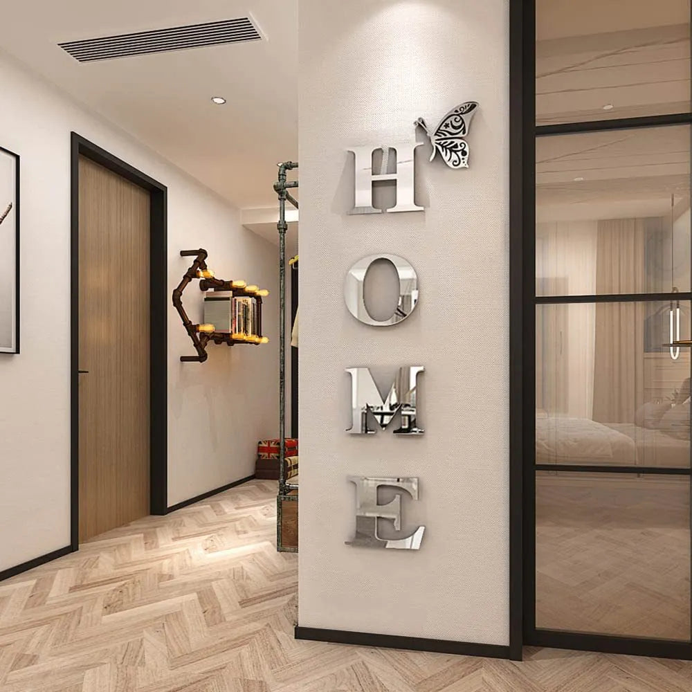 Large Mirrored HOME Letters Self Adhesive Removable Wall Stickers Creative DIY Wall Decoration For Living Room Kitchen Wall Decor