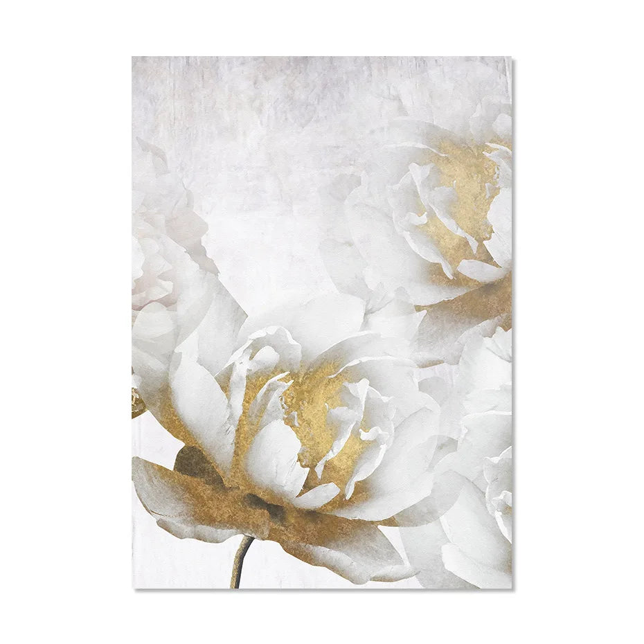 Opulent Blossoms Elegant White Flowers with Gold Accents Canvas Wall Art Fine Art Canvas Prints Posters Floral Pictures For Modern Living Room