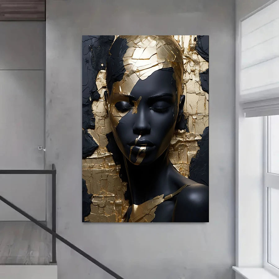 Modern Abstract Black Golden Woman Portrait Wall Art Fine Art Canvas Print Pictures For Entrance Foyer Reception Hallway Light Luxury Home Decor