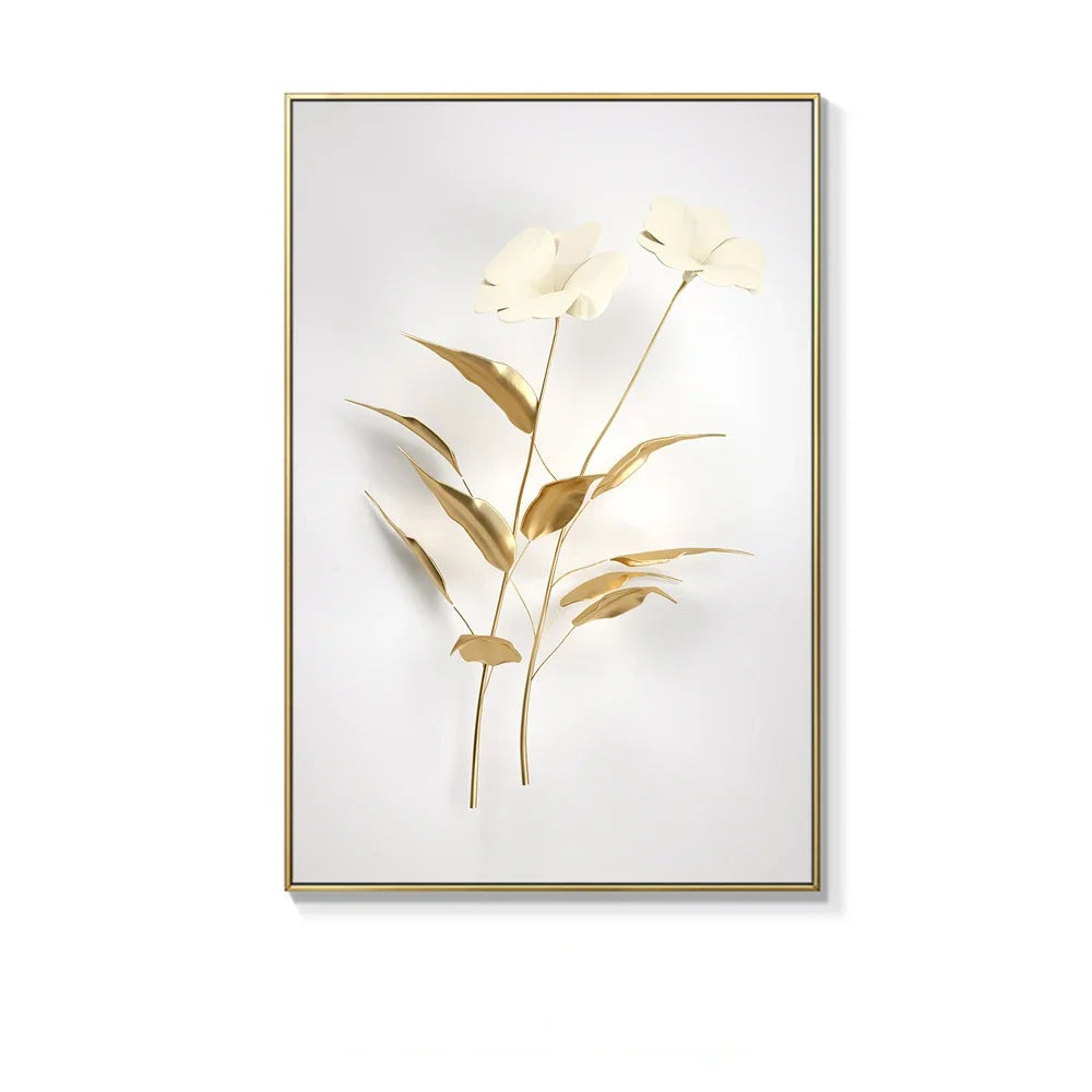 Framed artwork of a floral design with gold leaves and white flowers on a light gray background.