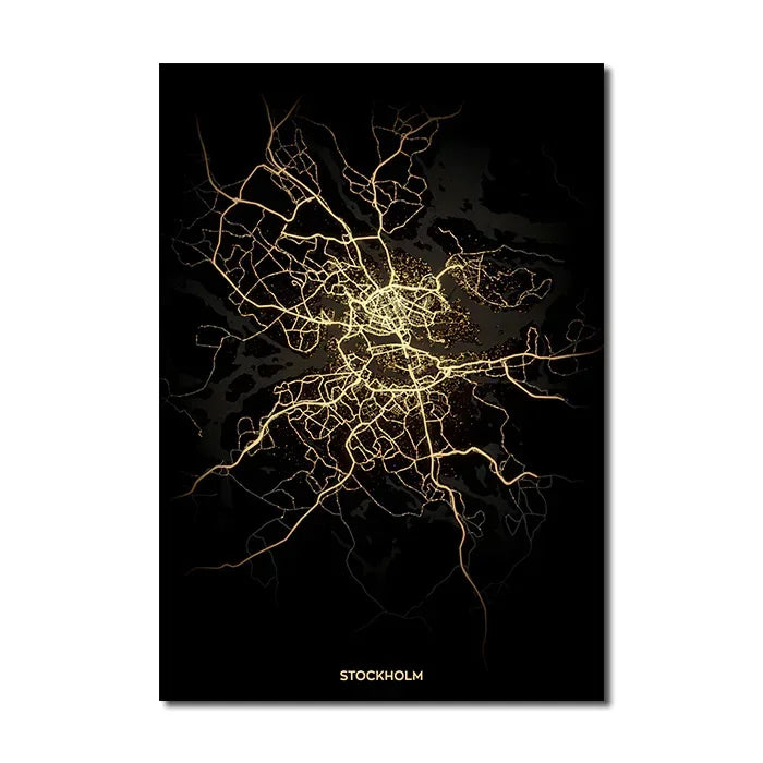 London Paris Amsterdam City Map Wall Art Fine Art Canvas Prints Modern Black & Golden Minimalist Posters For Home and Office Decor