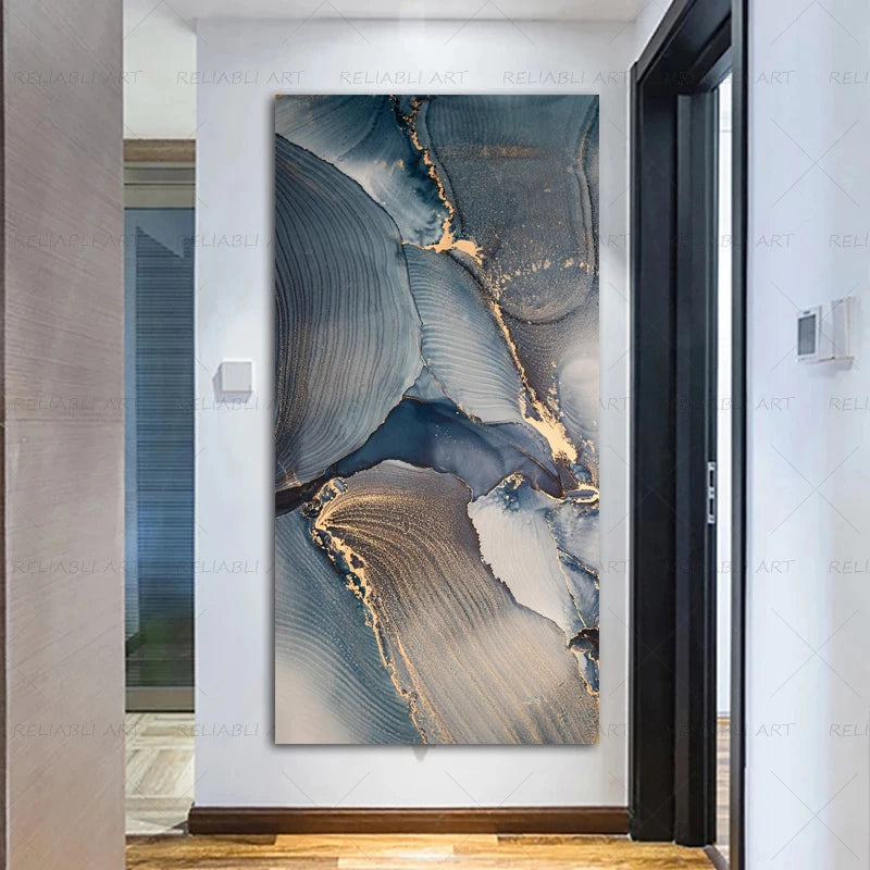 Set of 3Pcs Abstract Golden Blue Liquid Marble Print Wall Art Fine Art Canvas Prints Pictures For Modern Living Room Bedroom Home Office Decor