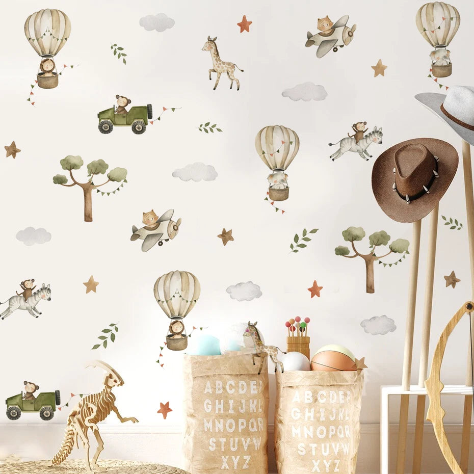 Vintage Hot Air Balloon Safari Wall Stickers For Kid's Room Removable Peel & Stick PVC Wall Decals For Creative DIY Children's Nursery Decor