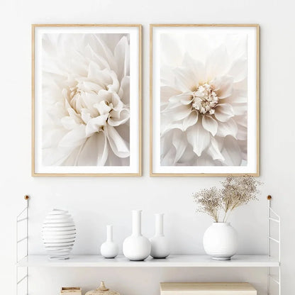 Minimalist White Floral Dahlia Rose Wall Art Fine Art Canvas Prints Pictures of Calm For Living Room Bedroom Modern Home Art Decor