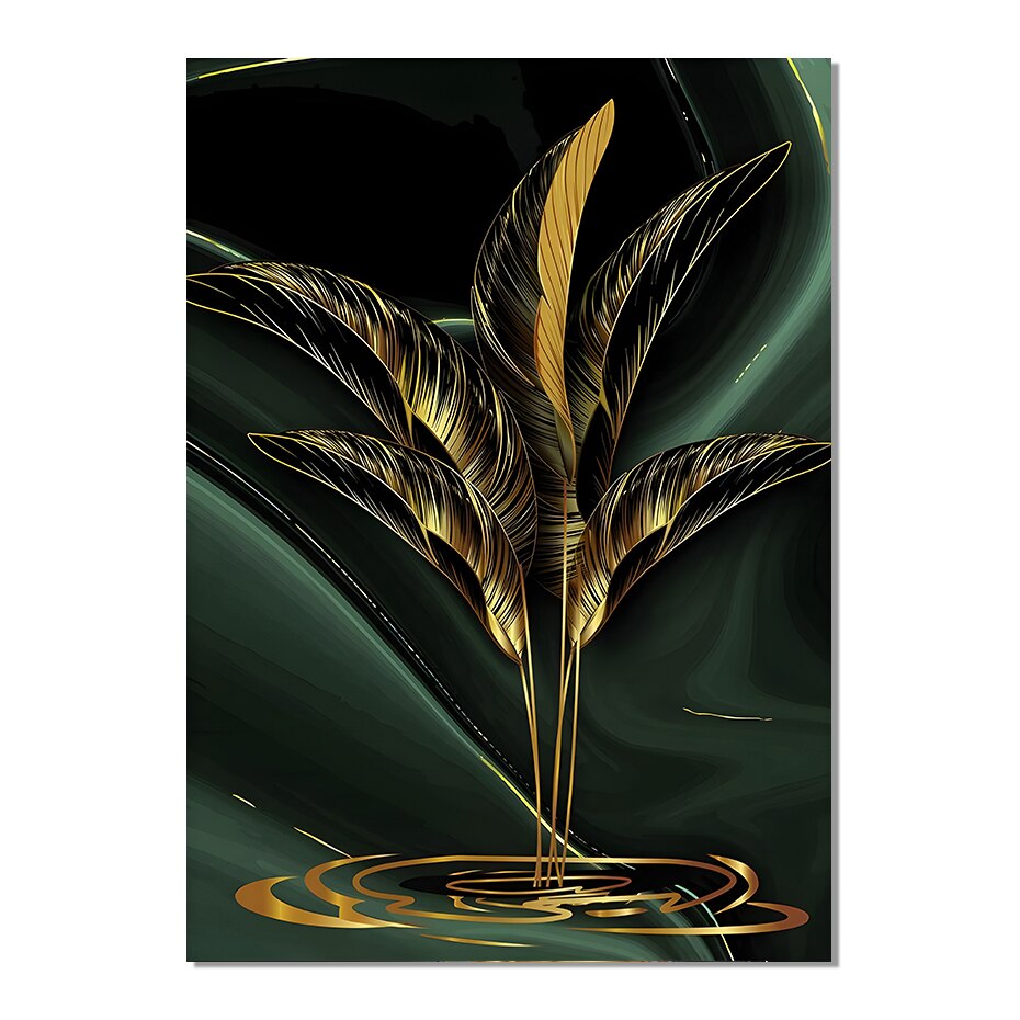 Set of 3 Pcs Black Green Golden Palm Leaves Wall Art Fine Art Canvas Prints Modern Tropical Botanical Pictures For Living Room Dining Room Home Office Decor