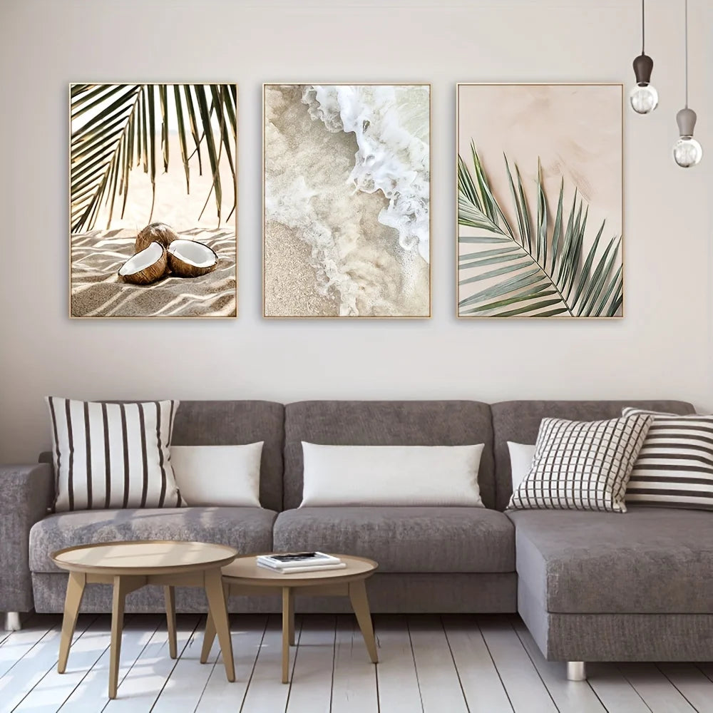 * Featured Sale * Set of 3Pcs White Waves Tranquil Beach Tropical Palm Leaves Wall Art Fine Art Canvas Prints Pictures Of Calm For Living Room