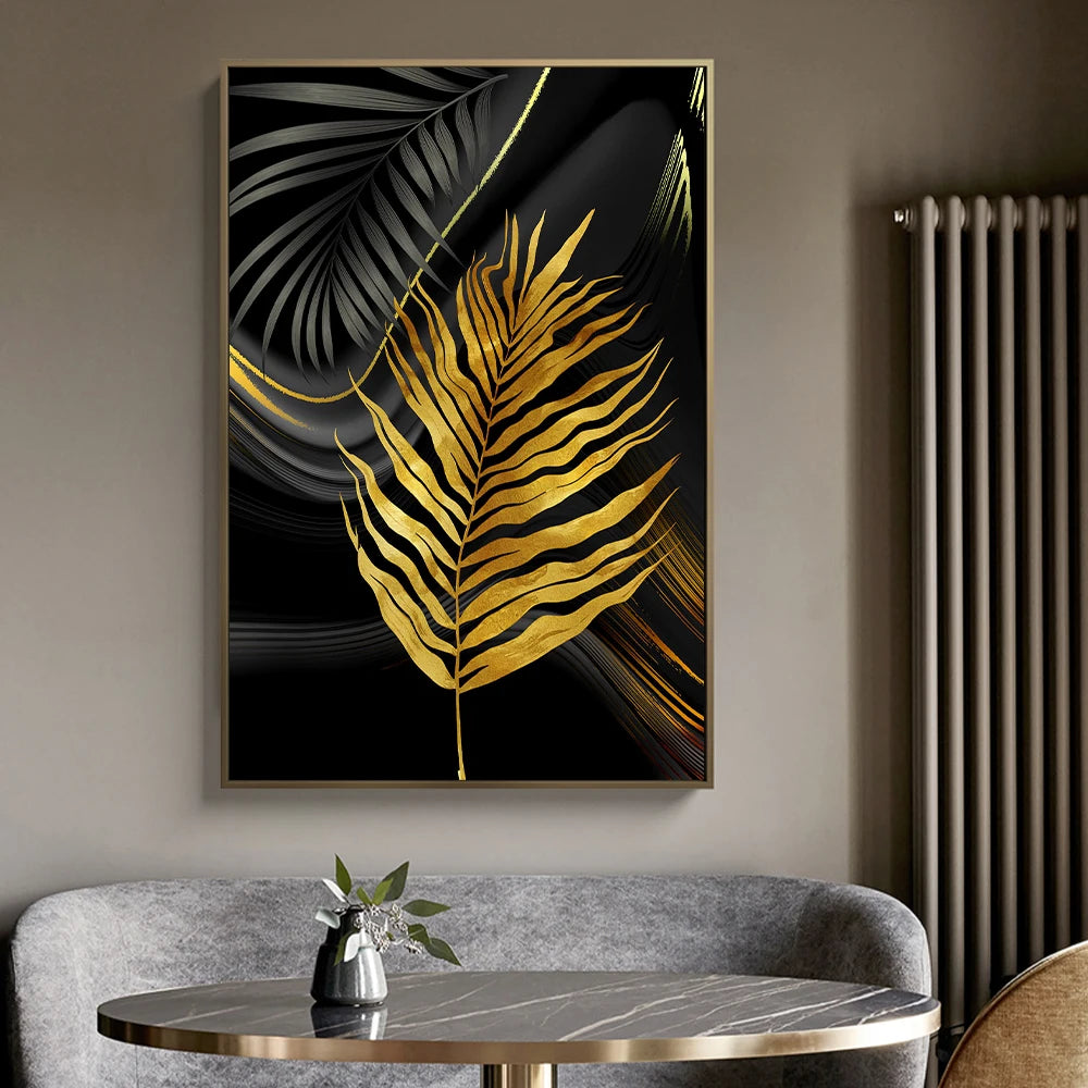 * Featured Sale * Exotic Tropical Botanical Black Golden Leaves Wall Art Fine Art Canvas Prints Pictures For Luxury Living Room Bedroom Boutique Hotel Decor