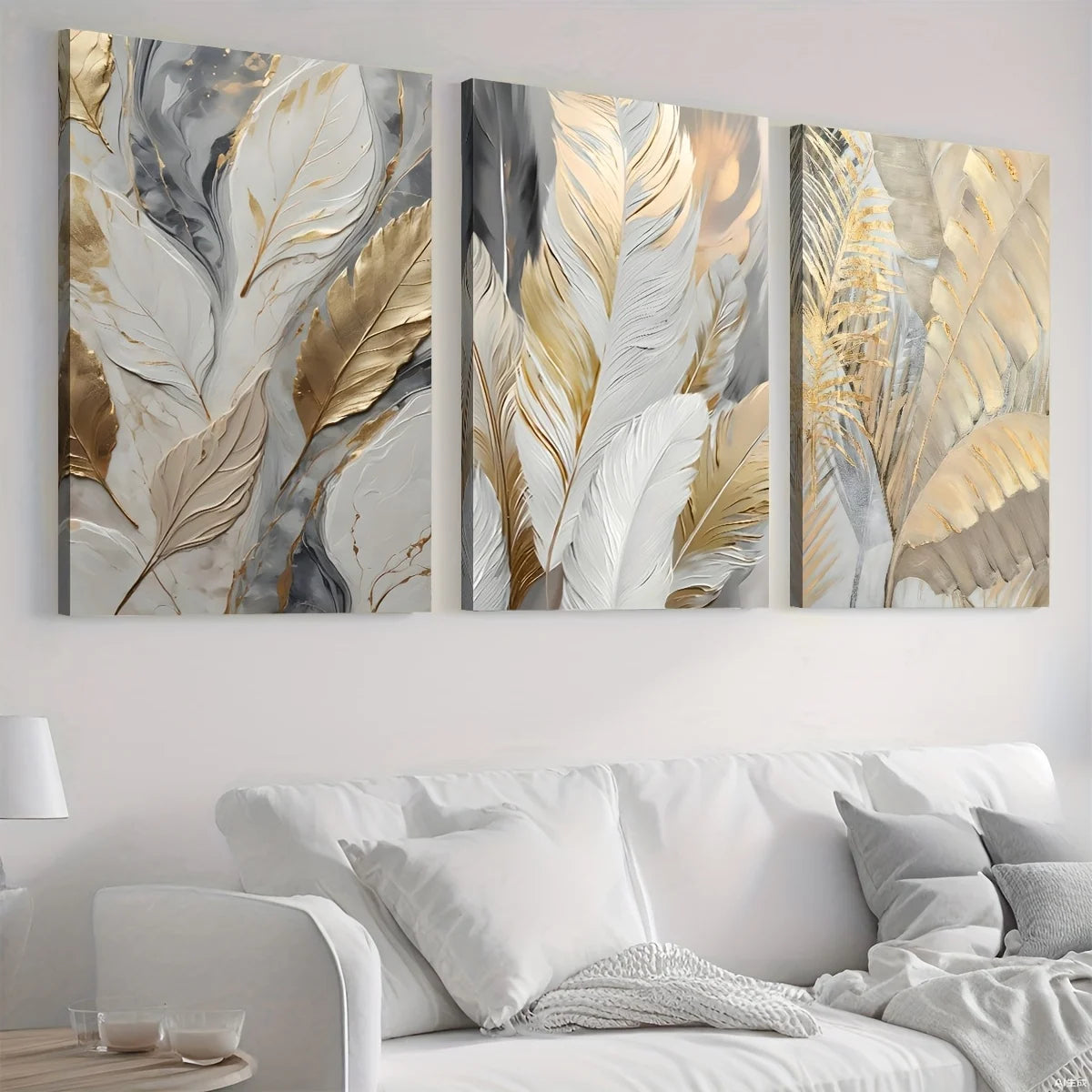Set of 3Pcs Abstract Botanical Grey Golden Leaves Wall Art Fine Art Canvas Prints Framed Pictures For Modern Apartment Living Room