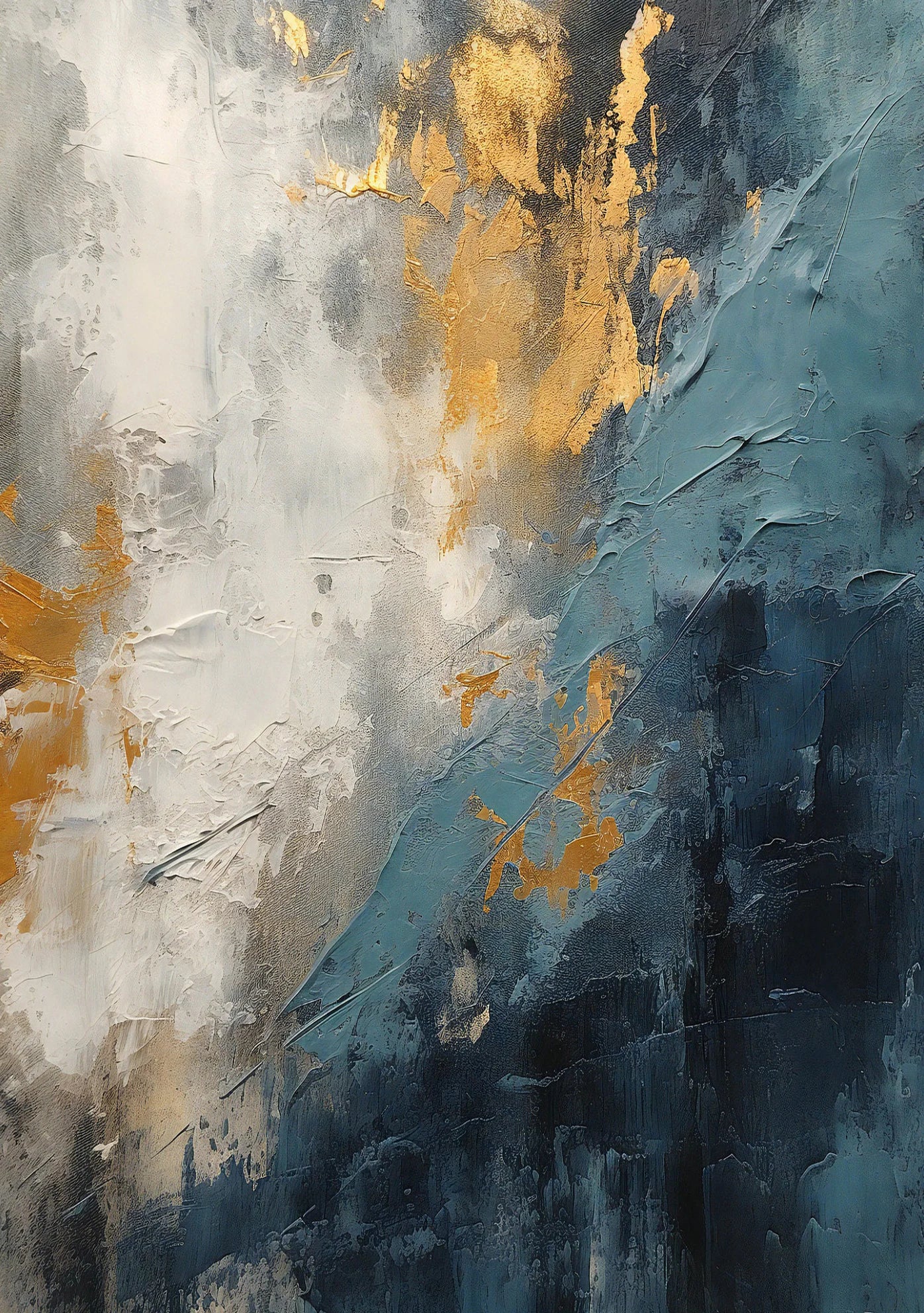 Abstract art with gold and blue colors on a textured surface