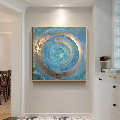 Blue Golden Swirl Circle Wall Art Fine Art Canvas Prints Square Format Abstract Pictures For Living Room Bedroom Home Office Art Decor