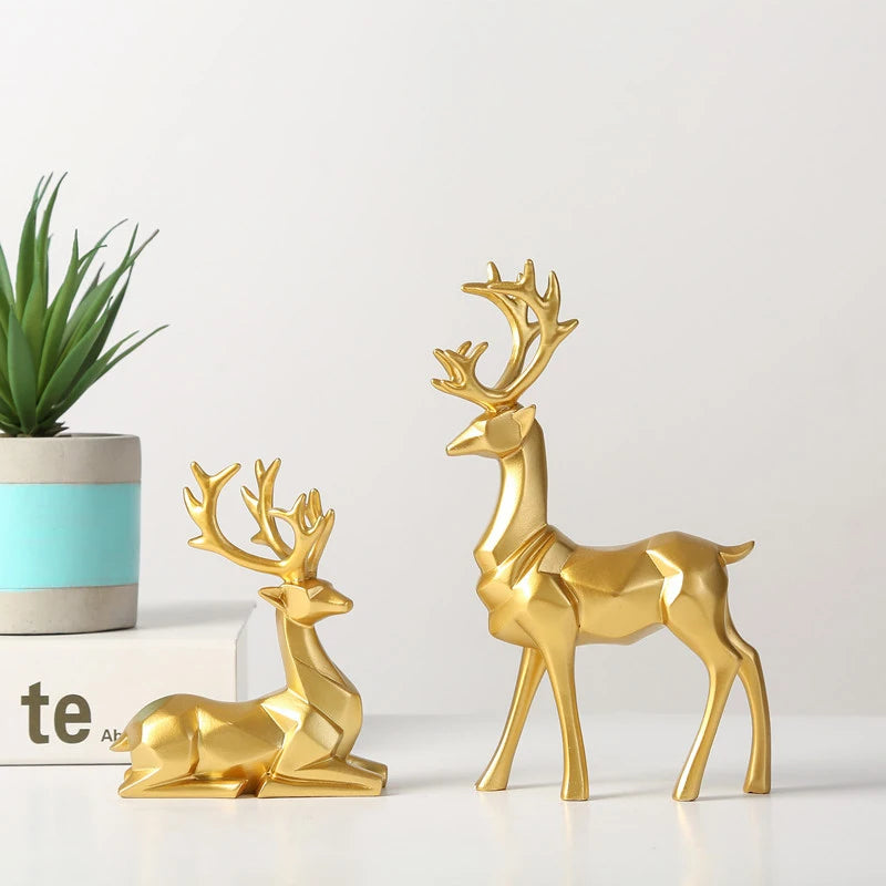 Nordic Golden Geometric Reindeer Figurines Auspicious Resin Statues Sculptures For Living Room Coffee Table Mantelpiece Scandinavian Home Decorations