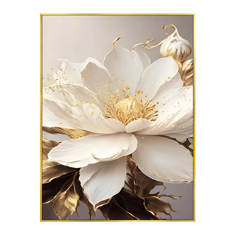 Big Golden White Petal Floral Wall Art Fine Art Canvas Prints Modern Botanical Pictures For Living Room Reception Foyer Light Luxury Floral Wall Decor