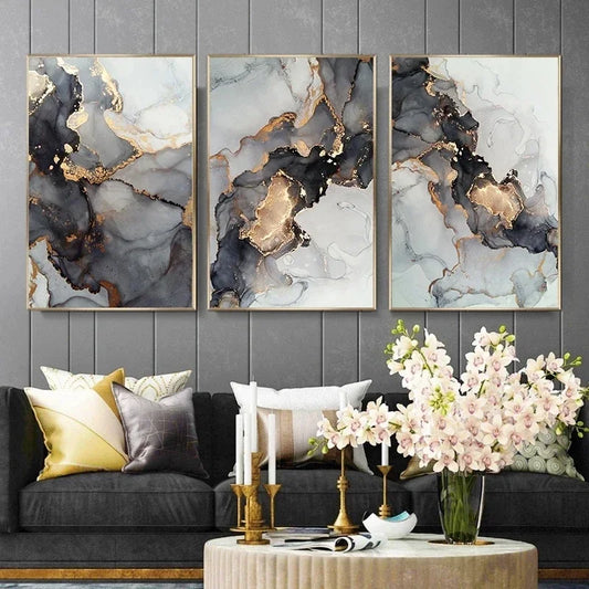 Black Golden Gray Marble Print Wall Art Fine Art Canvas Prints Abstract Pictures For Modern Apartment Living Room Home Office Decor