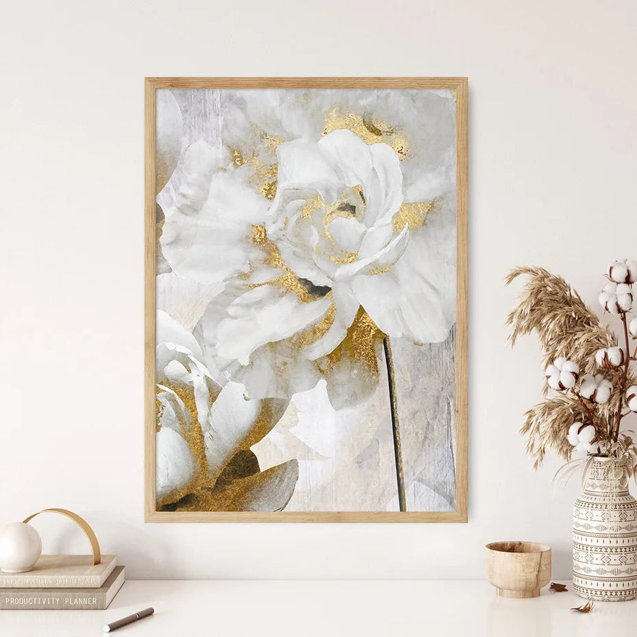 Opulent Blossoms Elegant White Flowers with Gold Accents Canvas Wall Art Fine Art Canvas Prints Posters Floral Pictures For Modern Living Room