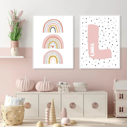 Pink Rainbow Cloud Love Hearts Personalized Baby's Name Wall Art Posters Fine Art Canvas Prints For Nursery Room Children's Bedroom Decor