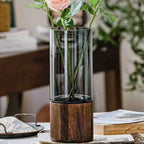 Nordic Glass Vase Cylindrical Design With Wooden Base For Kitchen Hydroponics Dining Room Table Floral Arrangements For Modern Interiors