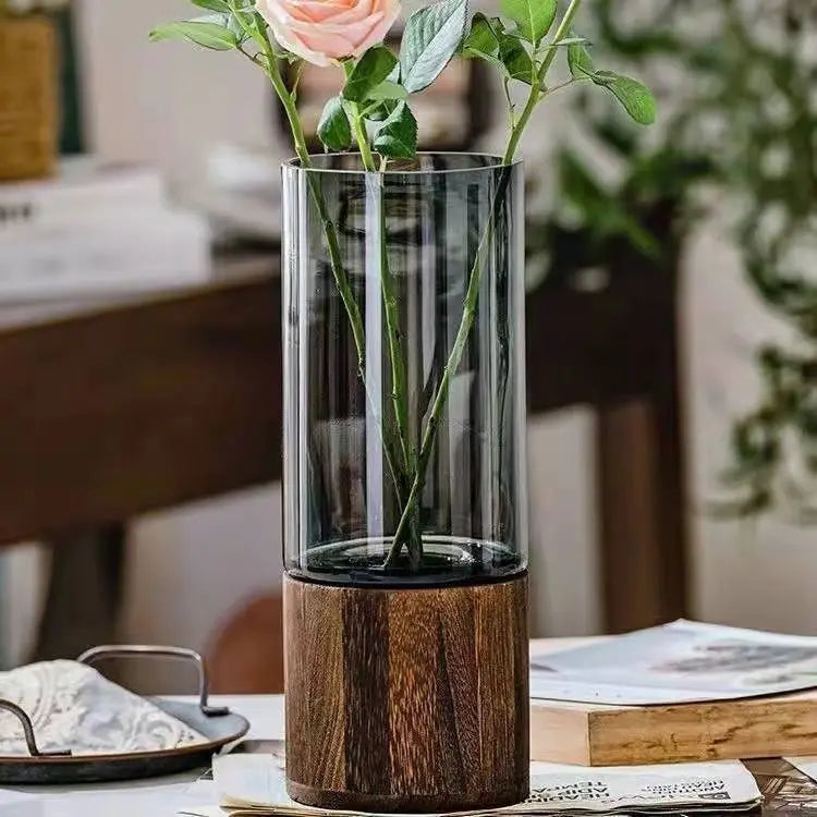 Nordic Glass Vase Cylindrical Design With Wooden Base For Kitchen Hydroponics Dining Room Table Floral Arrangements For Modern Interiors