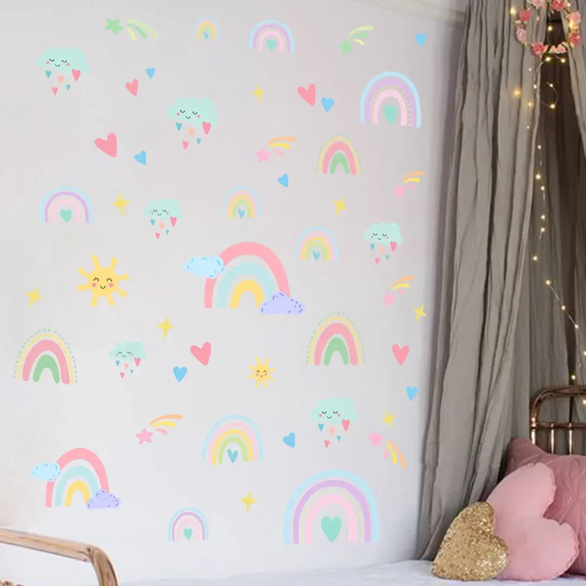 Pink Rainbow Clouds & Love Hearts Cute Wall Stickers For Girl's Room Removable Peel & Stick PVC Vinyl Wall Decals For Creative DIY Home Decor