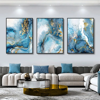 * Featured Sale * Set of 3Pcs Modern Abstract Blue Golden Liquid Marble Wall Art Fine Art Canvas Prints Elegant Pictures For Living Room Decor