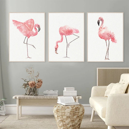 Pink Flamingo Watercolor Abstract Minimalist Wall Art Fine Art Canvas Prints Pictures For Modern Apartment Living Room Salon Art Decor