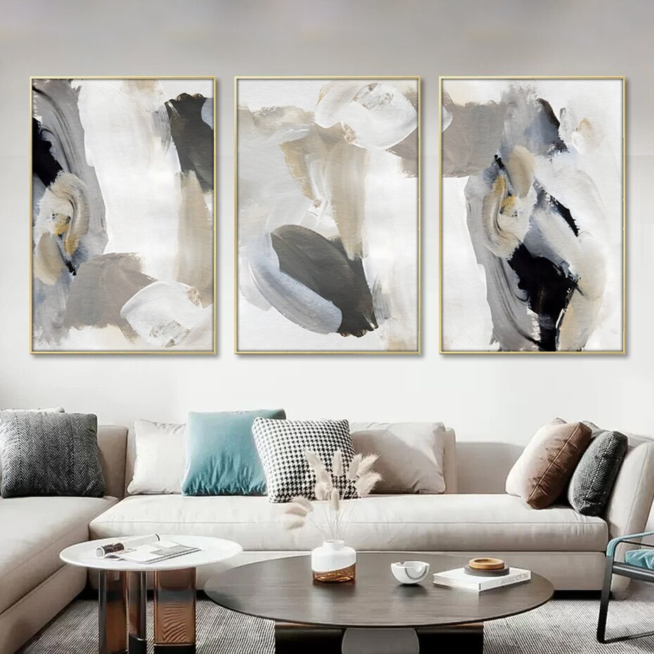 Modern Abstract Thick Brush Black Gray Beige Wall Art Fine Art Canvas Prints Pictures For Contemporary Home Office Interior Decor