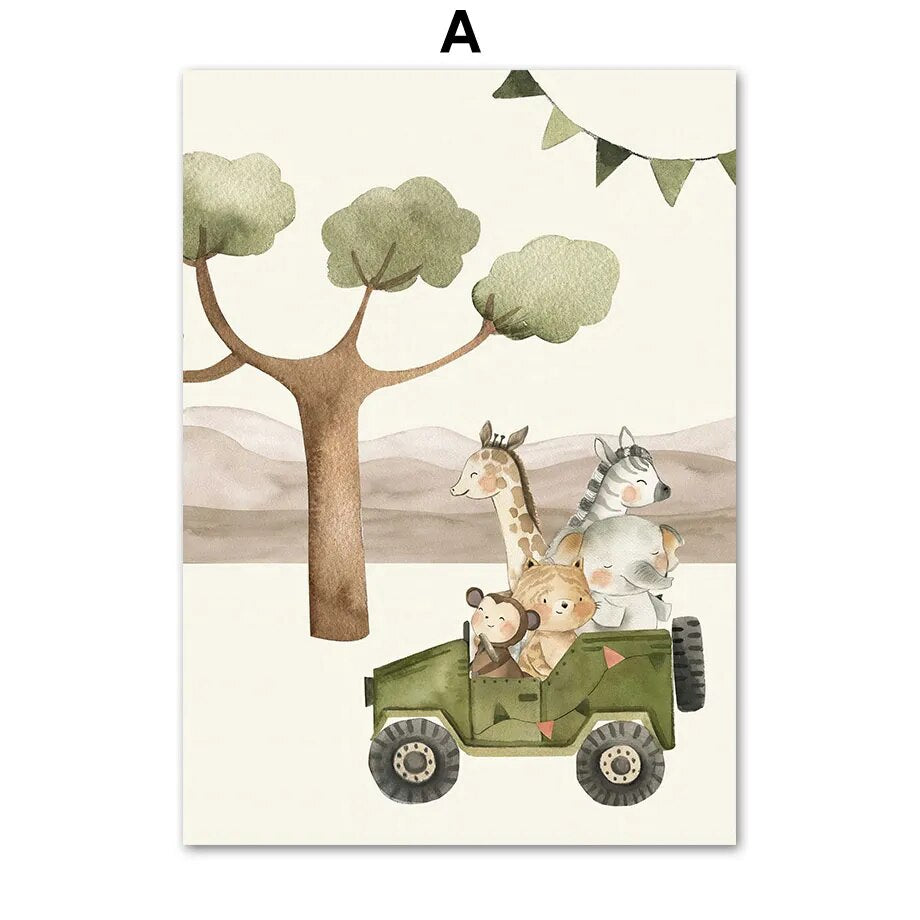 Jungle Giraffe Hot Air Balloon Nursery Wall Art Fine Art Canvas Prints Neutral Colors Posters For Kid's Room Baby's Room Wall Decoration