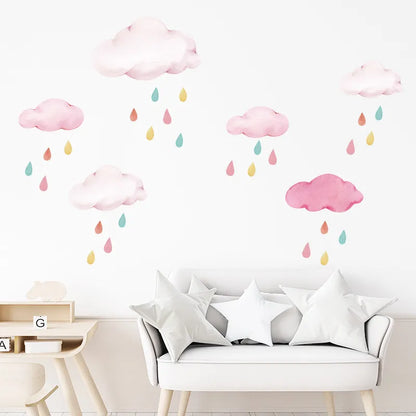 Cute Pink Star Clouds Wall Stickers For Kid's Room Decoration Removable Peel & Stick Wall Decals For Creative DIY Nursery Room Wall Decor
