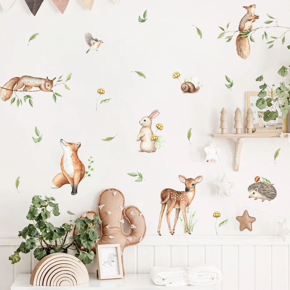 Cute Deer Rabbit Fox Squirrels In The Tree Wall Stickers For Children's Nursery Room Removable Peel & Stick Vinyl Wall Decals Creative DIY Decor