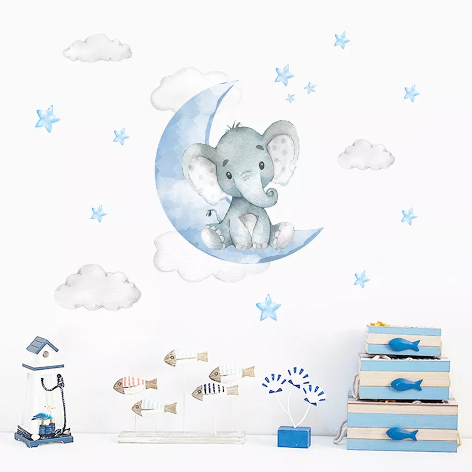 Cute Blue Moon Elephant & Stars Wall Stickers For Nursery Room Decor Removable Peel & Stick Wall Decals For Creative DIY Kid's Room Decor