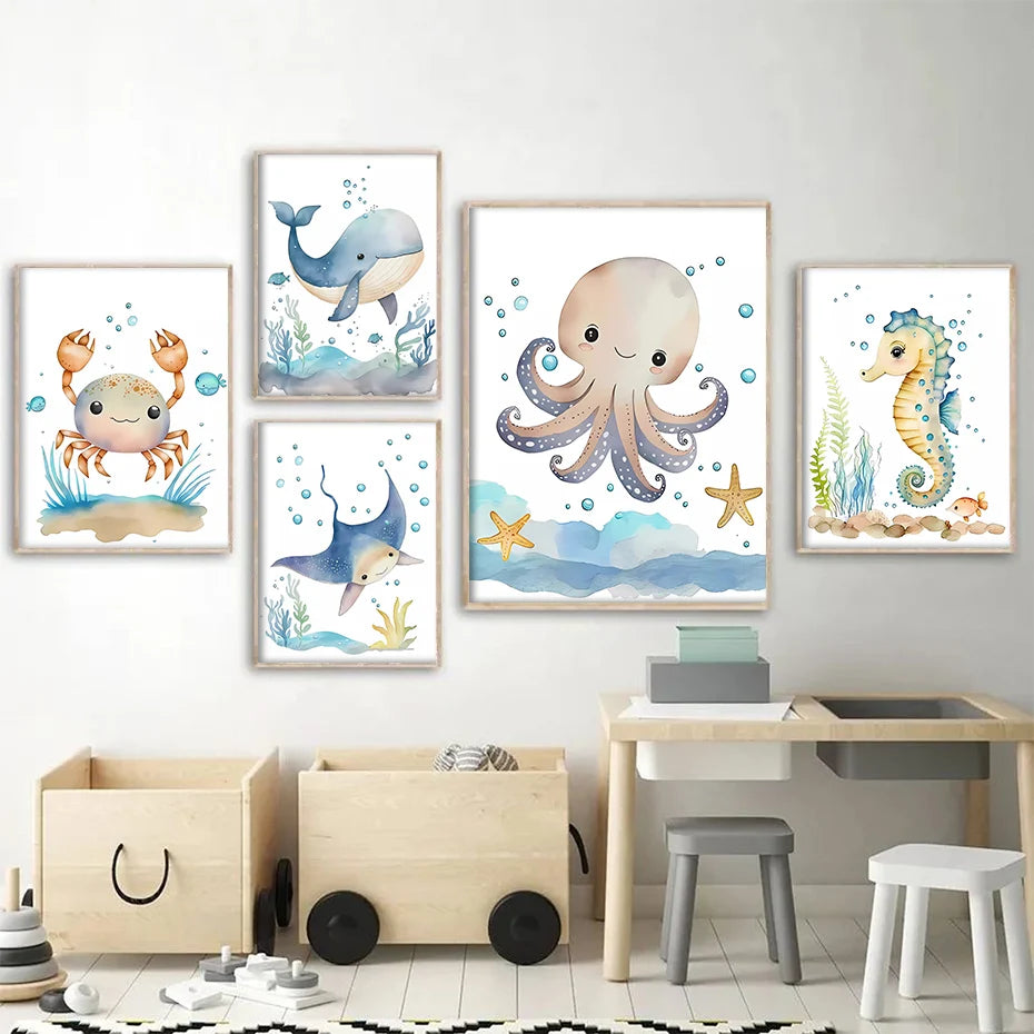 Cute Ocean Animals Seahorse Turtle Octopus Wall Sticker For Nursery Room Removable Peel & Stick PVC Wall Decals For Creative Kid's Room Decor