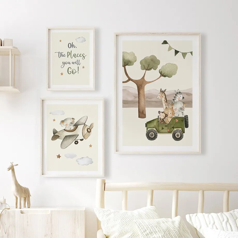 Jungle Giraffe Hot Air Balloon Nursery Wall Art Fine Art Canvas Prints Neutral Colors Posters For Kid's Room Baby's Room Wall Decoration