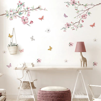 Pink Flower Butterfly Tree Branch Wall Mural Sticker Removable Peel & Stick PVC Wall Decal For Kid's Nursery Room Creative DIY Home Decoration