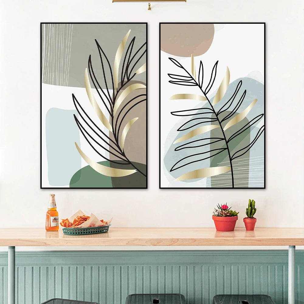 Set of 2PCS Botanical Abstract Line Art Leaves Wall Art Fine Art Canvas Prints Simple Nordic Pictures For Living Room Decor