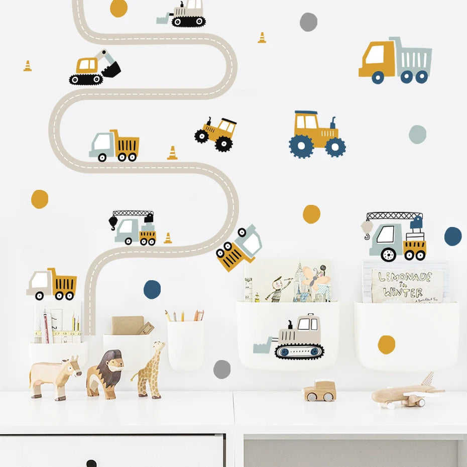 Cute Construction Tractors & Trucks Wall Stickers For Boy's Room Removable Peel & Stick Vinyl Wall Decals For Kids Bedroom Creative DIY Decor