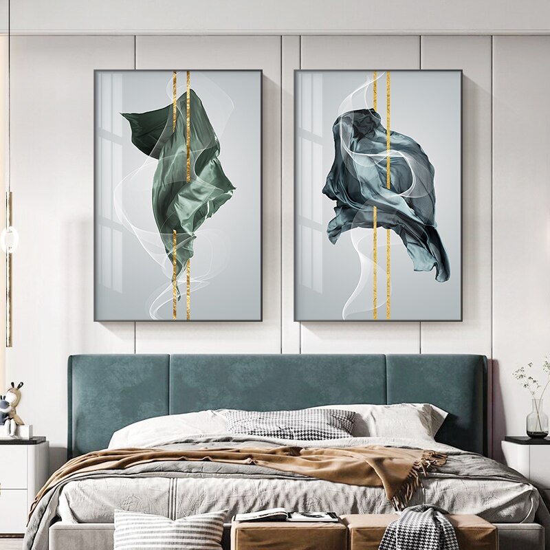 Modern Abstract Green Blue Golden Flowing Nordic Wall Art Fine Art Canvas Prints Pictures For Living Room Dining Room Bedroom Art Decor