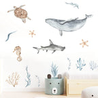 Sea Horse Turtle Whale Wall Ocean Animals Decals Removable PVC Vinyl Wall Sticker For Children's Nursery Room Kid's Playroom Creative Decor
