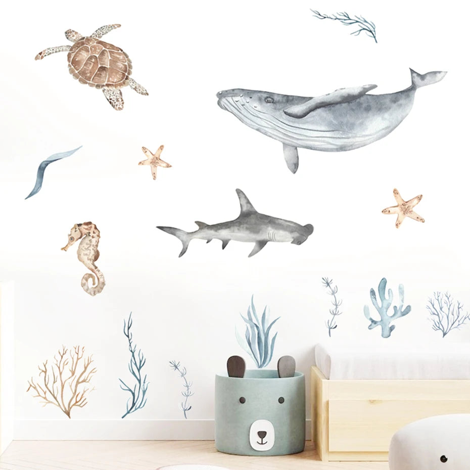 Sea Horse Turtle Whale Wall Ocean Animals Decals Removable PVC Vinyl Wall Sticker For Children's Nursery Room Kid's Playroom Creative Decor