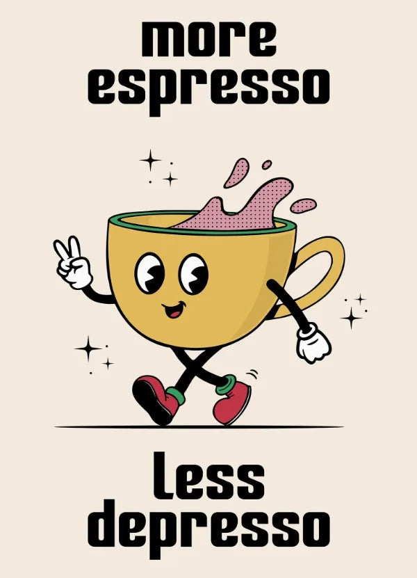 Retro Coffee Quote Canvas – Fun Kitchen Wall Art with Cartoon Characters & Espresso Humor