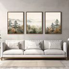 Set of 3Pcs Misty Mountain Forest Wall Art Fine Art Canvas Prints Modern Landscape Neutral Tones Artwork For Living Room