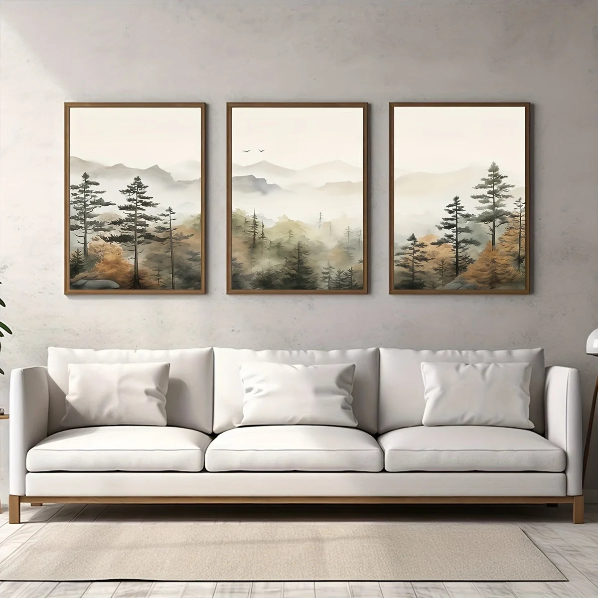 Set of 3Pcs Misty Mountain Forest Wall Art Fine Art Canvas Prints Modern Landscape Neutral Tones Artwork For Living Room