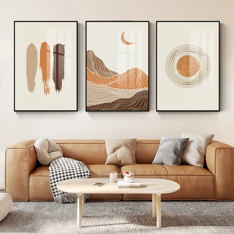 Abstract Geometric Taupe Terracotta Landscape Sun Moon Wall Art Fine Art Canvas Prints Pictures For Living Room Bedroom Art Decor