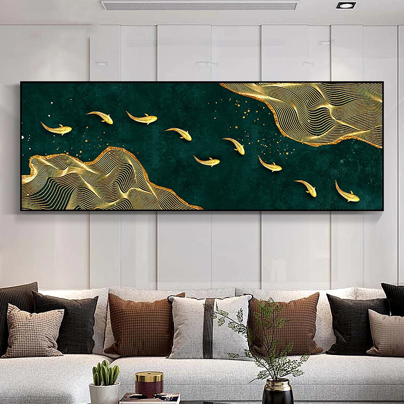 Auspicious Feng Shui Abstract Golden Fish Wall Art Fine Art Canvas Prints Wide Format Pictures For Living Room Above The Sofa Art For Above The Bed