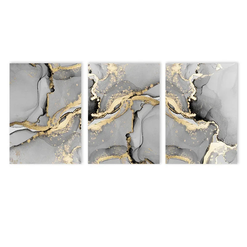 Set of 3Pcs Chic Golden Grey Marble Print Wall Art Fine Art Canvas Prints Trendy Abstract Pictures For Modern Apartment Living Room Bedroom Art Decor
