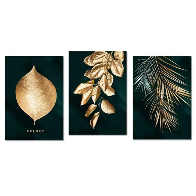 * Featured Sale * Golden Leaf Wall Art Minimalist Nordic Tropical Plants Fine Art Canvas Prints Pictures For Living Room Dining Room Art Decor