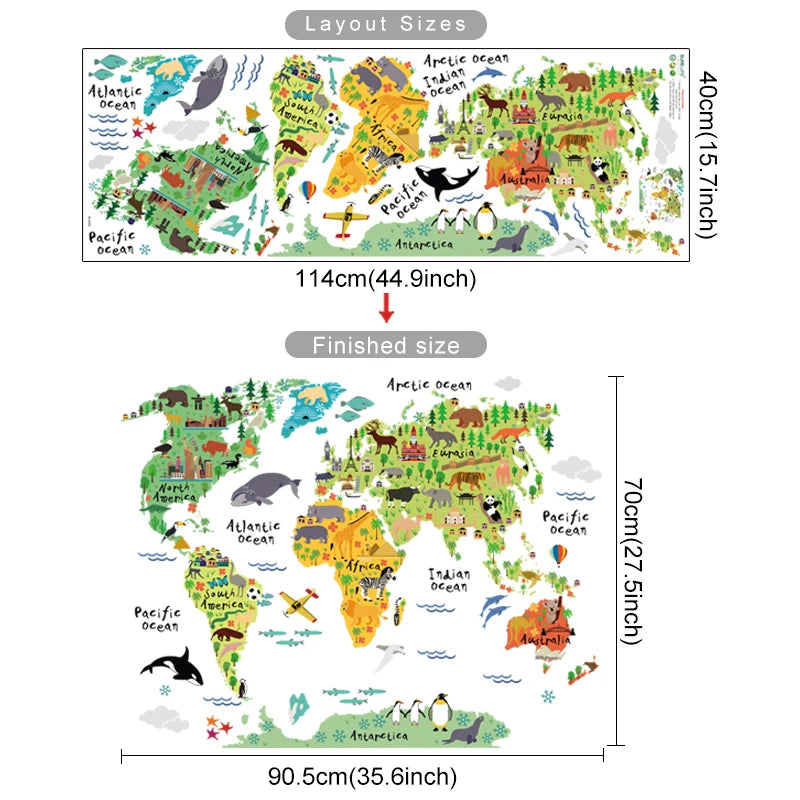 Wildlife Of The World Watercolor Map Wall Sticker For Kid's Playroom Removable PVC Wall Decal Mural For Creative DIY Children's Room Decoration