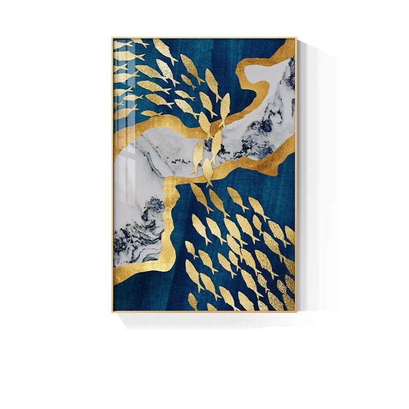 Auspicious Golden Fish In The Deep Blue Wall Art Fine Art Canvas Prints Modern Abstract Pictures For Home Office Boutique Hotel Art Decor