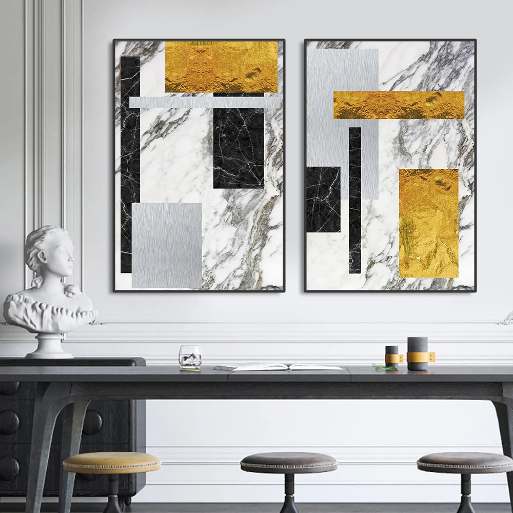 Black Golden Block Marble Abstract Wall Art Fine Art Canvas Prints Modern Geometric Pictures For Living Room Home Office Art Decor