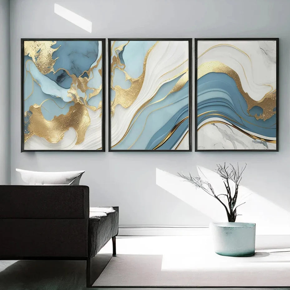 Modern Abstract Golden Blue Liquid Marble Print Wall Art Fine Art Canvas Prints Pictures For Living Room Bedroom Nordic Home Decor