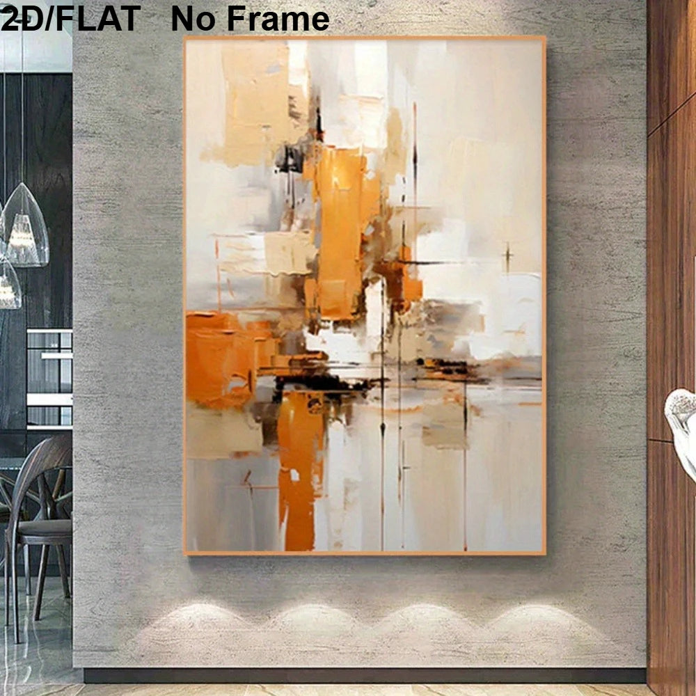 Abstract canvas wall art with orange, beige, white, and brown brushstrokes, shown hanging on a textured gray wall in a modern interior. 