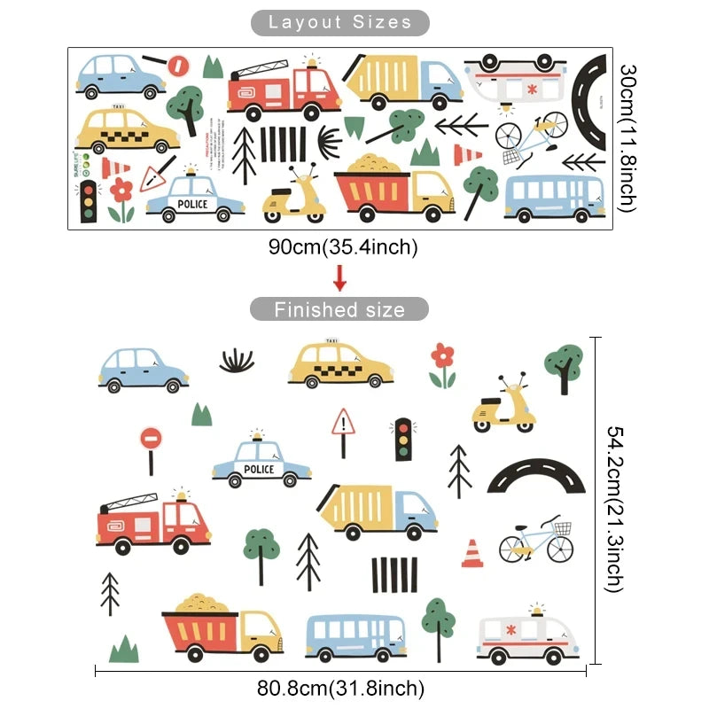 Cute Cartoon Trucks Buses & Cars Wall Stickers For Boy's Room Removable Peel & Stick PVC Wall Decals For Creative DIY Nursery Home Decor
